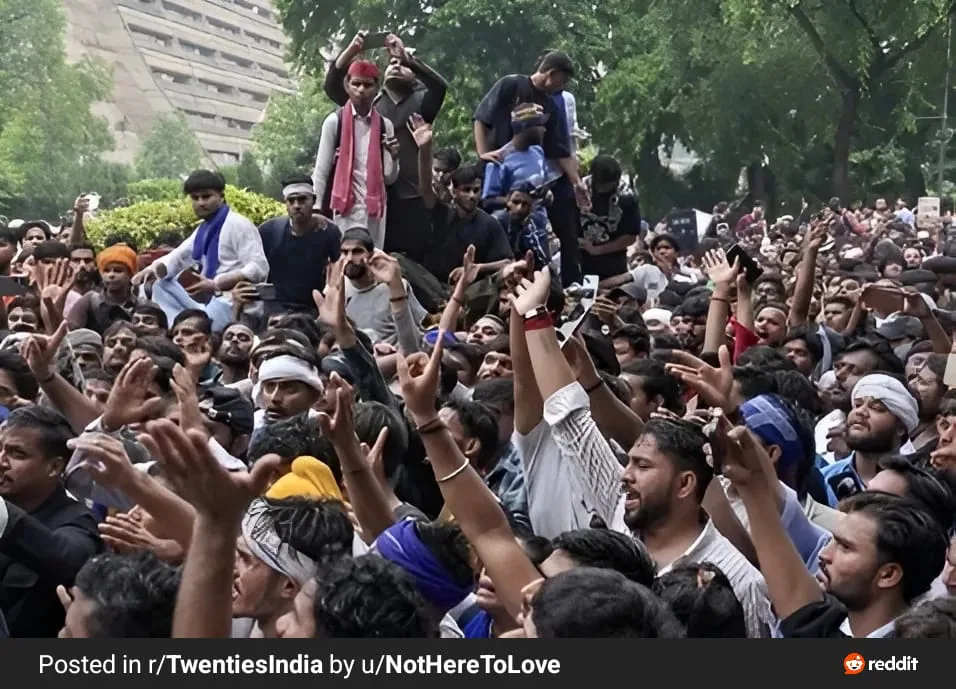 Dense crowd gathered beneath trees