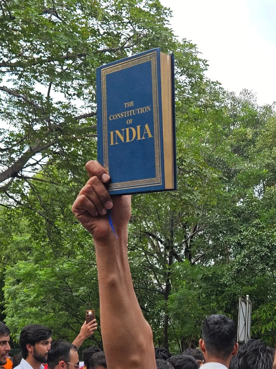 Constitution of India held above the crowd